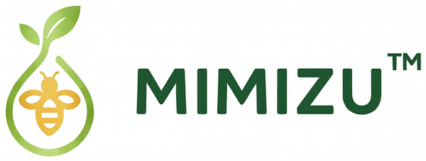 Mimizu logo with a green droplet and yellow bee on a white background